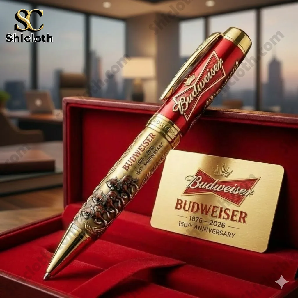 Budweiser 150th anniversary pen displayed in red velvet gift box