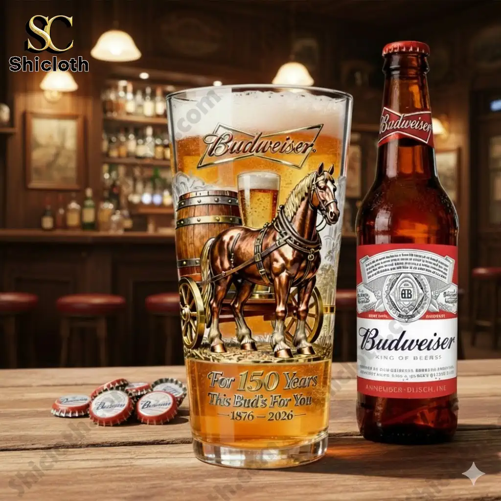 Close up of Budweiser 150 Years anniversary beer glass and bottle on wooden table in bar