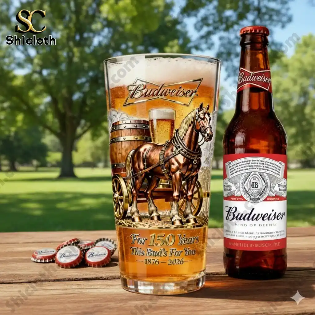 Budweiser 150Th Anniversary Beer Glass 3 Budweiser 150 Years anniversary beer glass and bottle displayed on wooden table in park