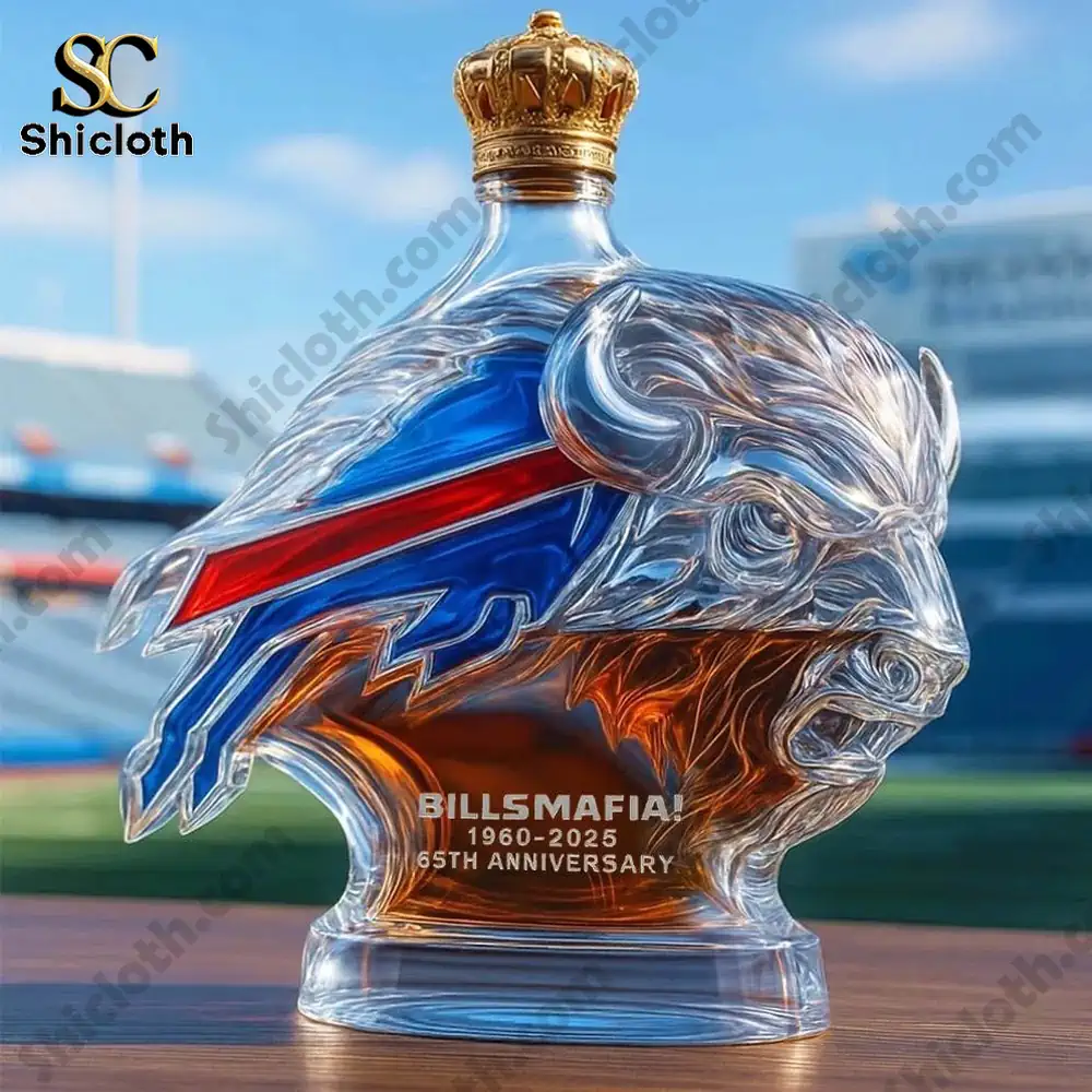 Buffalo Bills themed buffalo head glass decanter with gold crown cap!