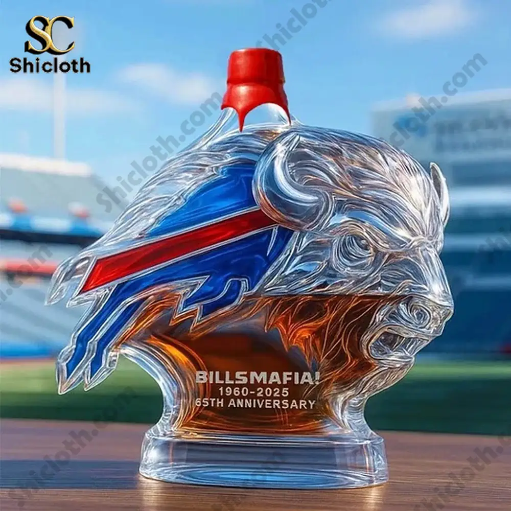 Buffalo Bills buffalo head glass decanter with red stopper cap!