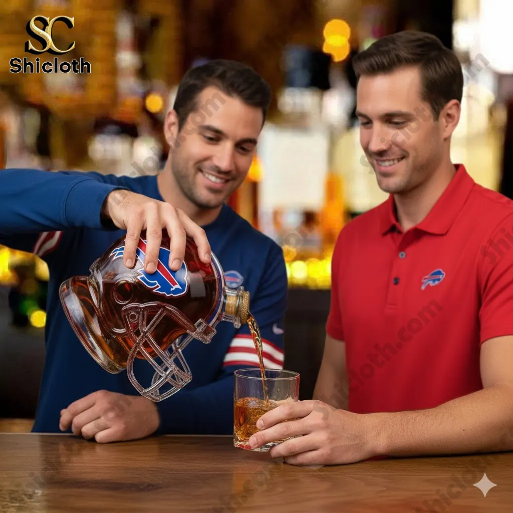 Two men pouring whiskey from a Buffalo Bills helmet shaped bottle into a glass
