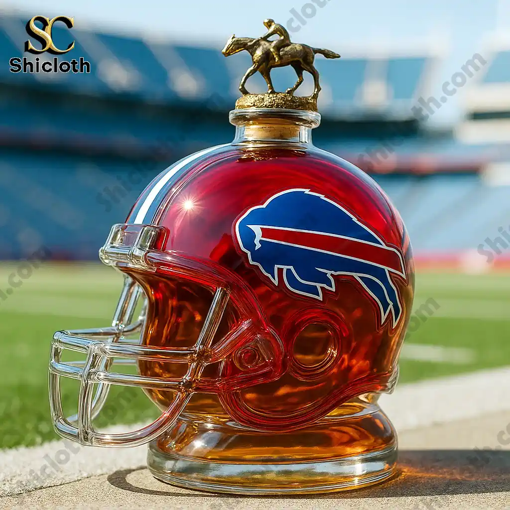 Buffalo Bills helmet shaped whiskey decanter bottle with a gold horse topper