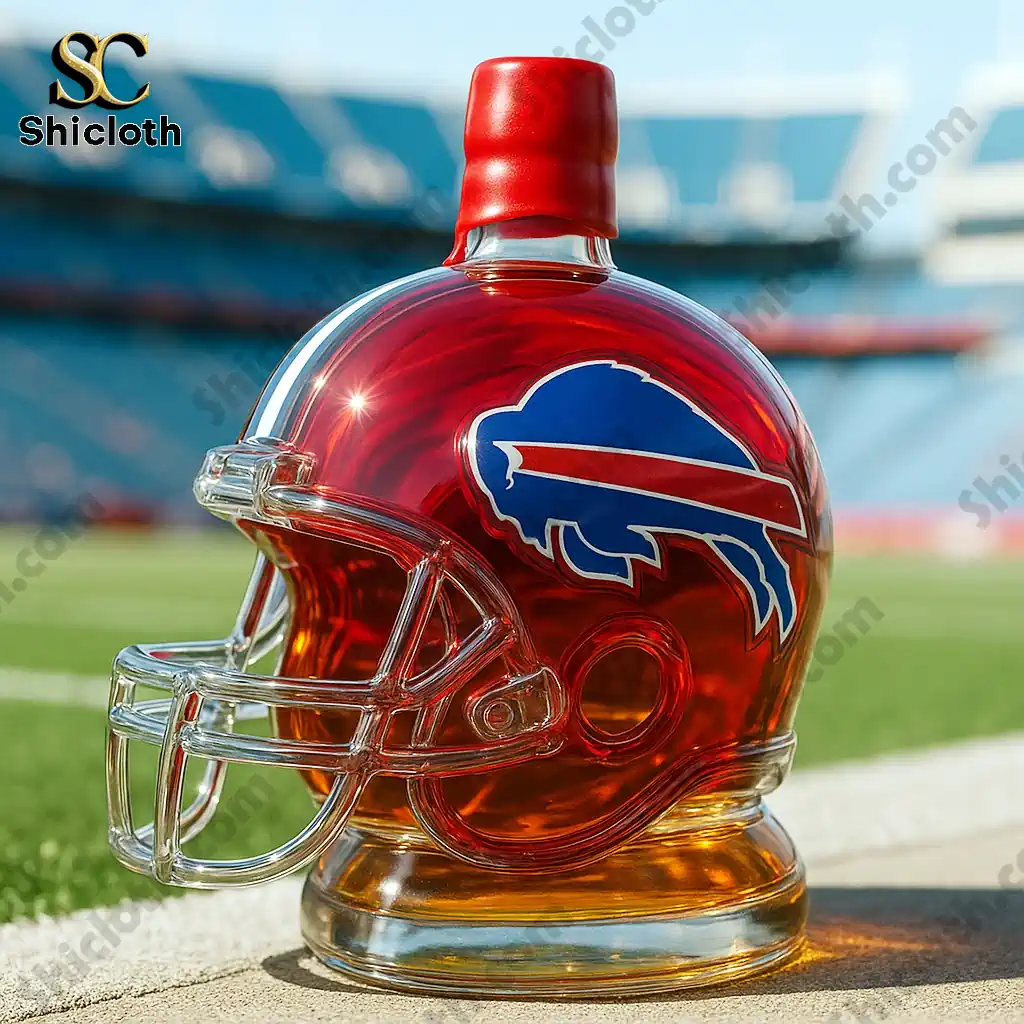 Buffalo Bills Helmet Whiskey Bottle 3 Buffalo Bills helmet shaped whiskey bottle with a red cap on a stadium background