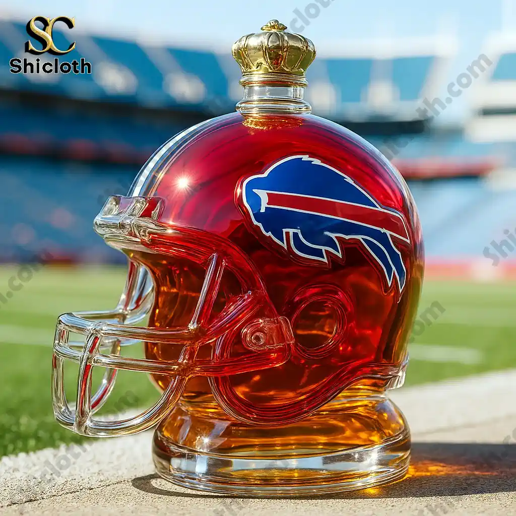Buffalo Bills Helmet Whiskey Bottle 5 Buffalo Bills helmet shaped whiskey decanter with a gold crown topper in a stadium