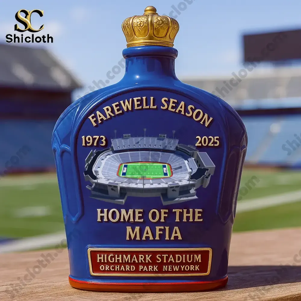 Shicloth Bills Mafia farewell season whiskey bottle at Highmark Stadium field!