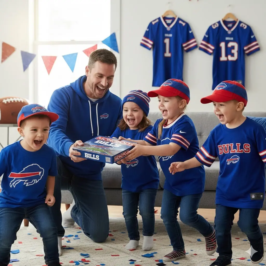 Family with children opening Buffalo Bills Monopoly board game at home