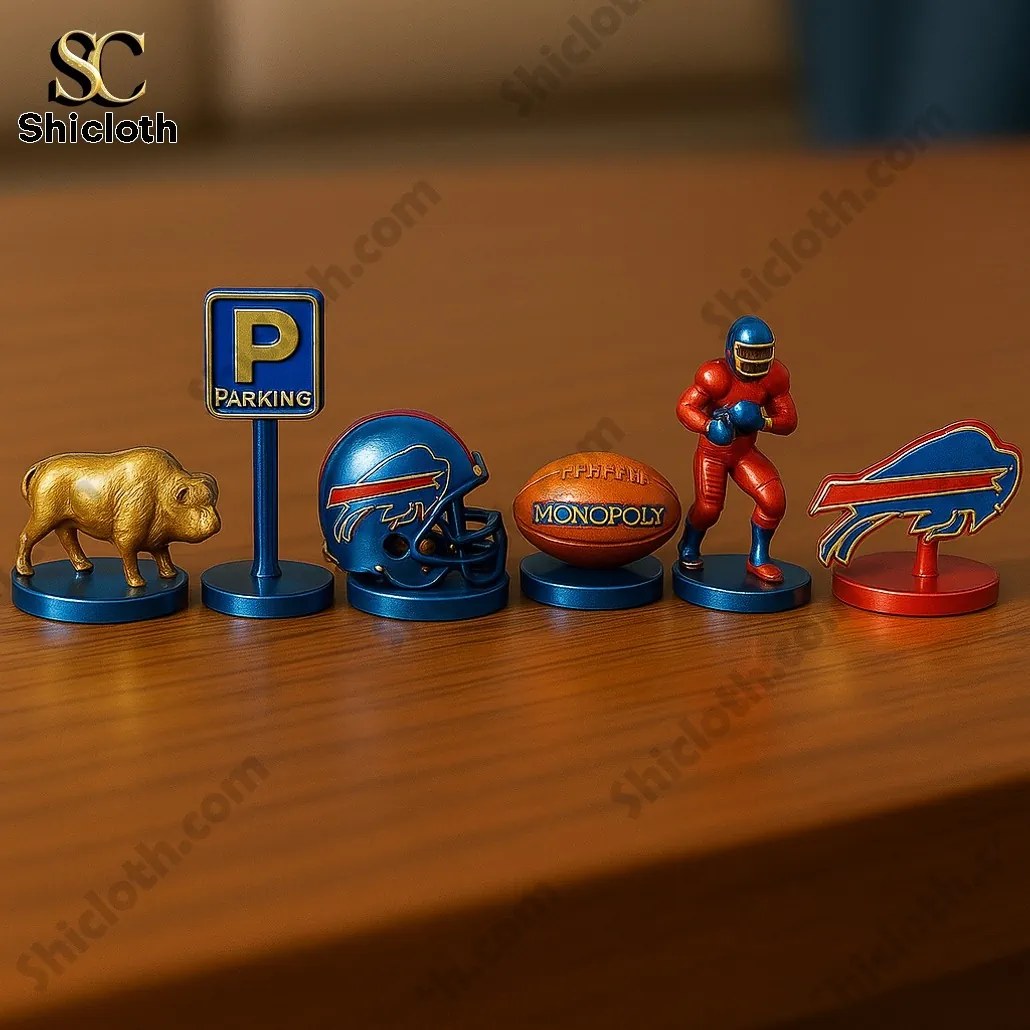 Buffalo Bills themed Monopoly tokens including helmet football and team logo