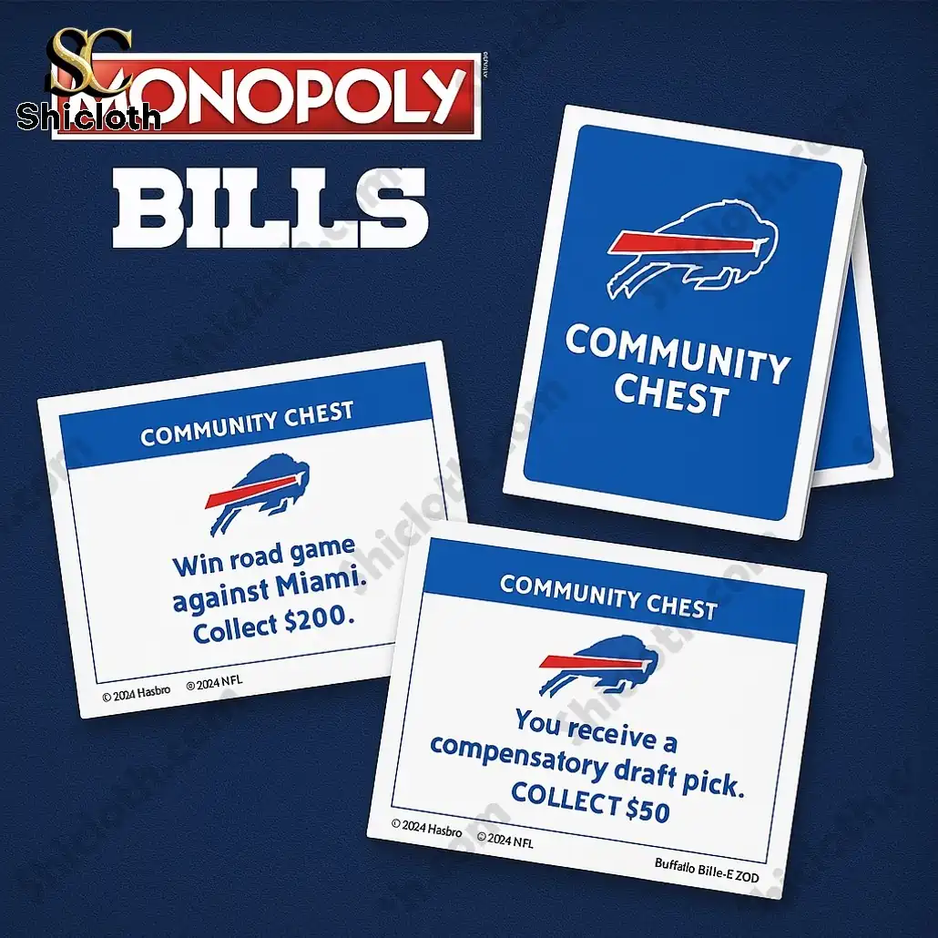 Buffalo Bills NFL Monopoly Board Game 5 Buffalo Bills Monopoly Community Chest cards with team themed rewards