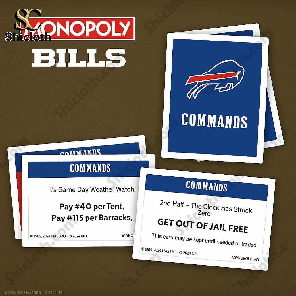 Buffalo Bills NFL Monopoly Board Game 6 Buffalo Bills Monopoly Commands cards and Get Out Of Jail Free card