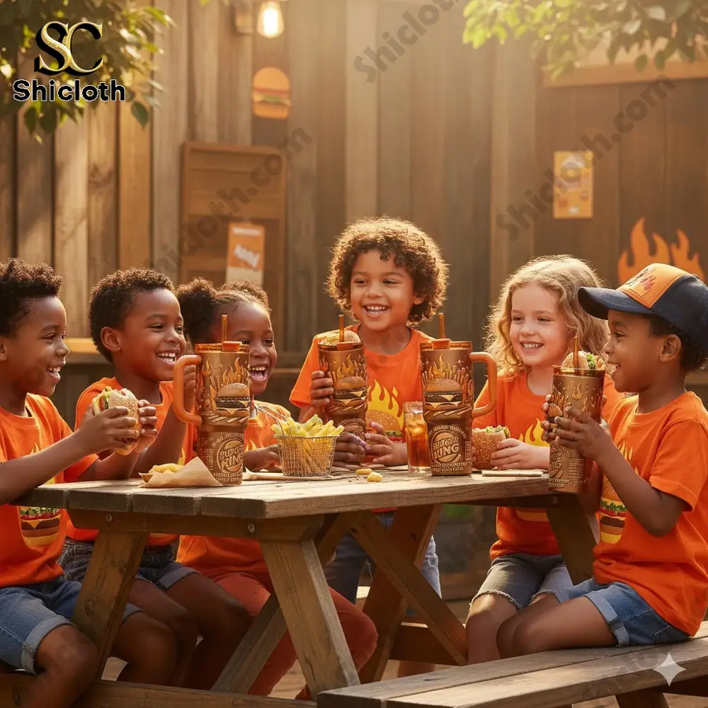 Children enjoying Burger King meals at an outdoor wooden table!