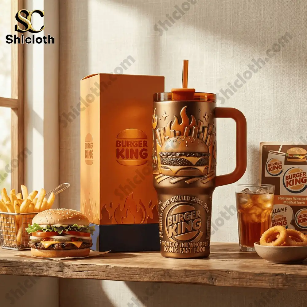 Burger King tumbler with burger fries and drink on a table!
