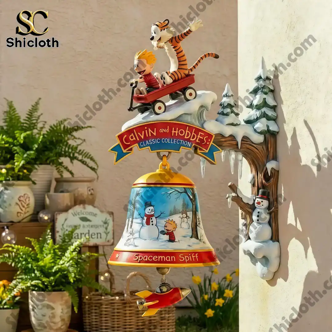 Calvin and Hobbes Classic Collection wall mounted doorbell with winter scene and Spaceman Spiff rocket hanging below!