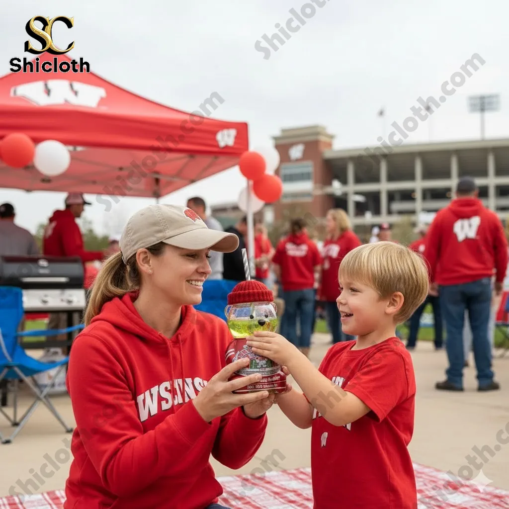 A woman and a young boy holding a Wisconsin Badgers bear shaped drink bottle at a tailgate event!