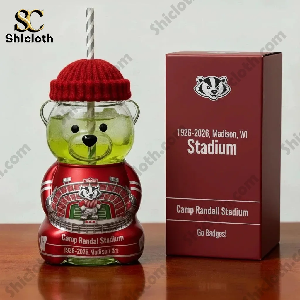 A Wisconsin Badgers bear shaped cup with a red beanie lid and Camp Randall Stadium themed design beside its box!