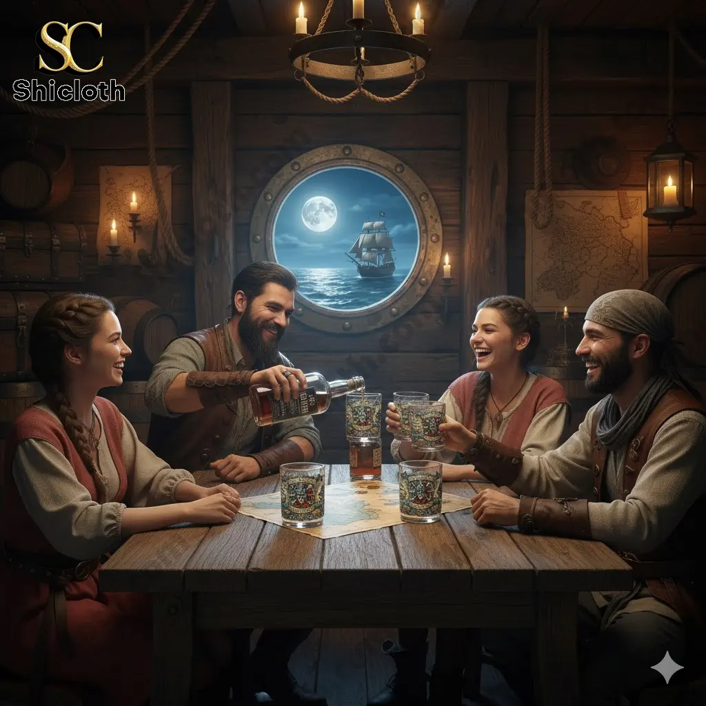Four friends enjoying rum at a wooden table with Pirate King whiskey glass in a ship cabin!
