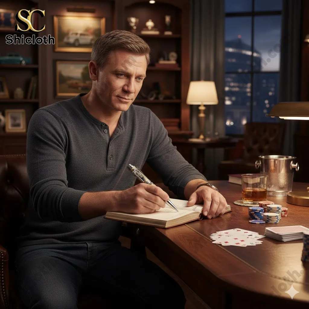 Man writing in notebook at wooden desk with cards chips and whiskey glass!