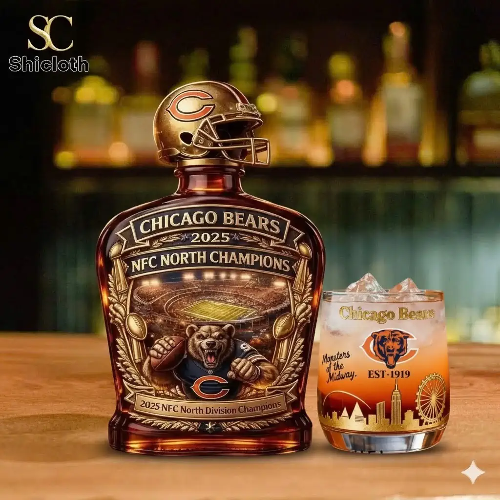 Chicago Bears 2025 NFC North Champions whiskey bottle with helmet cap and branded glass!