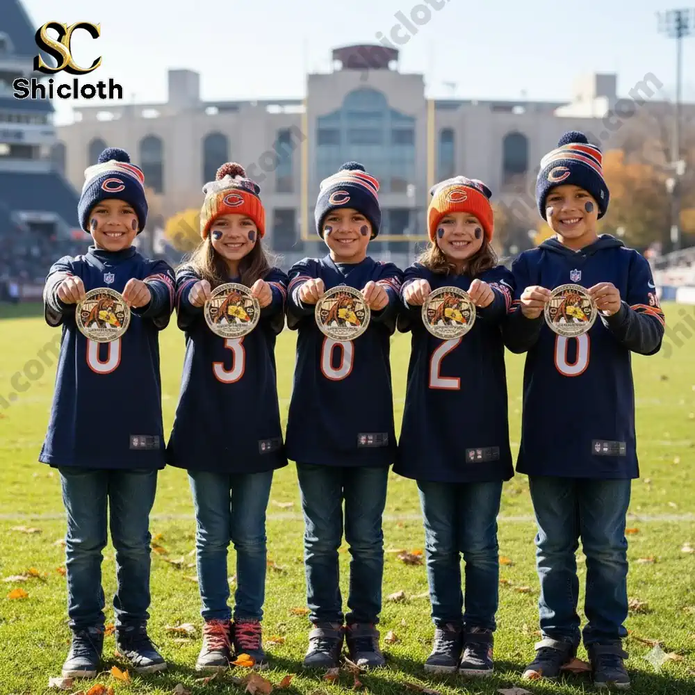 Children wearing Chicago Bears jerseys holding commemorative coins at a football stadium!
