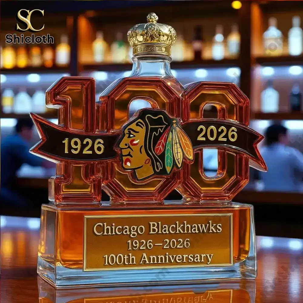 Close up of Chicago Blackhawks anniversary whiskey bottle on bar shelf!