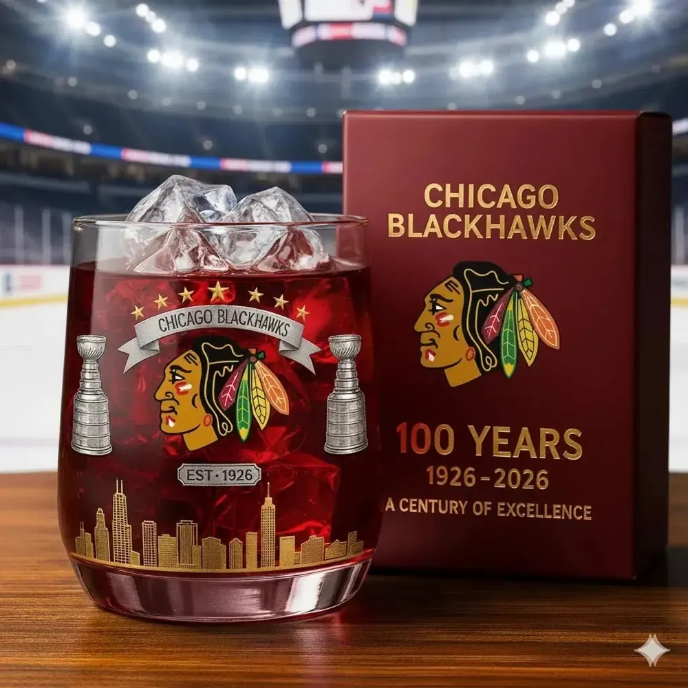 Chicago Blackhawks 100th Anniversary Christmas Whiskey Bottle And Glass Combo Set 3 Chicago Blackhawks anniversary whiskey glass with gift box at arena!
