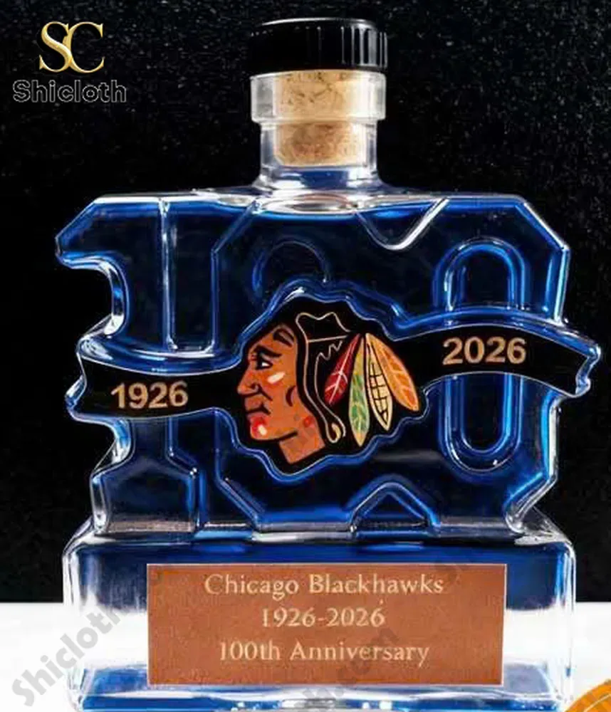 Blue Chicago Blackhawks 100th anniversary bottle with 1926 and 2026 logo.