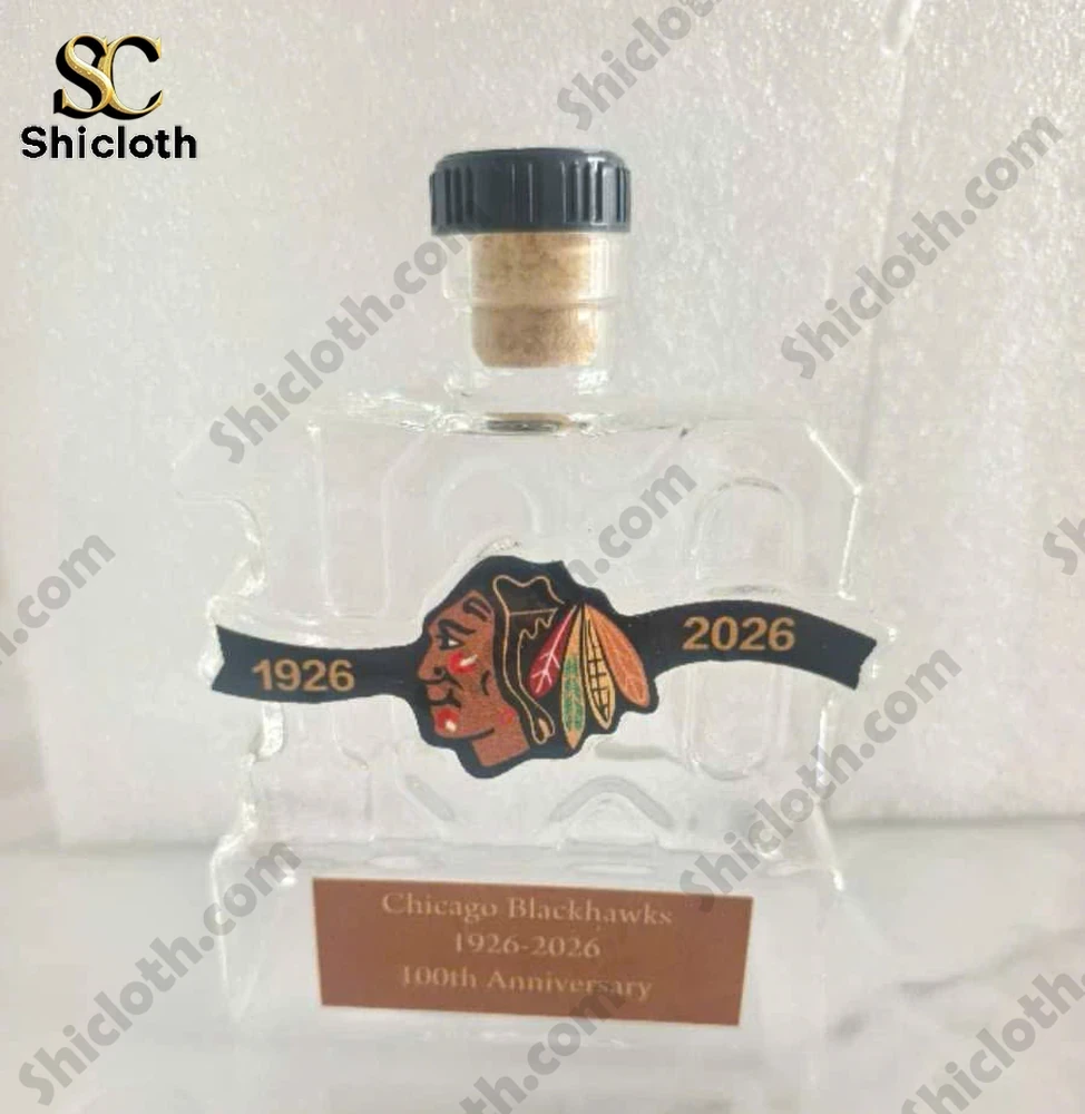 Clear Chicago Blackhawks 100th anniversary bottle with 1926 and 2026 logo.