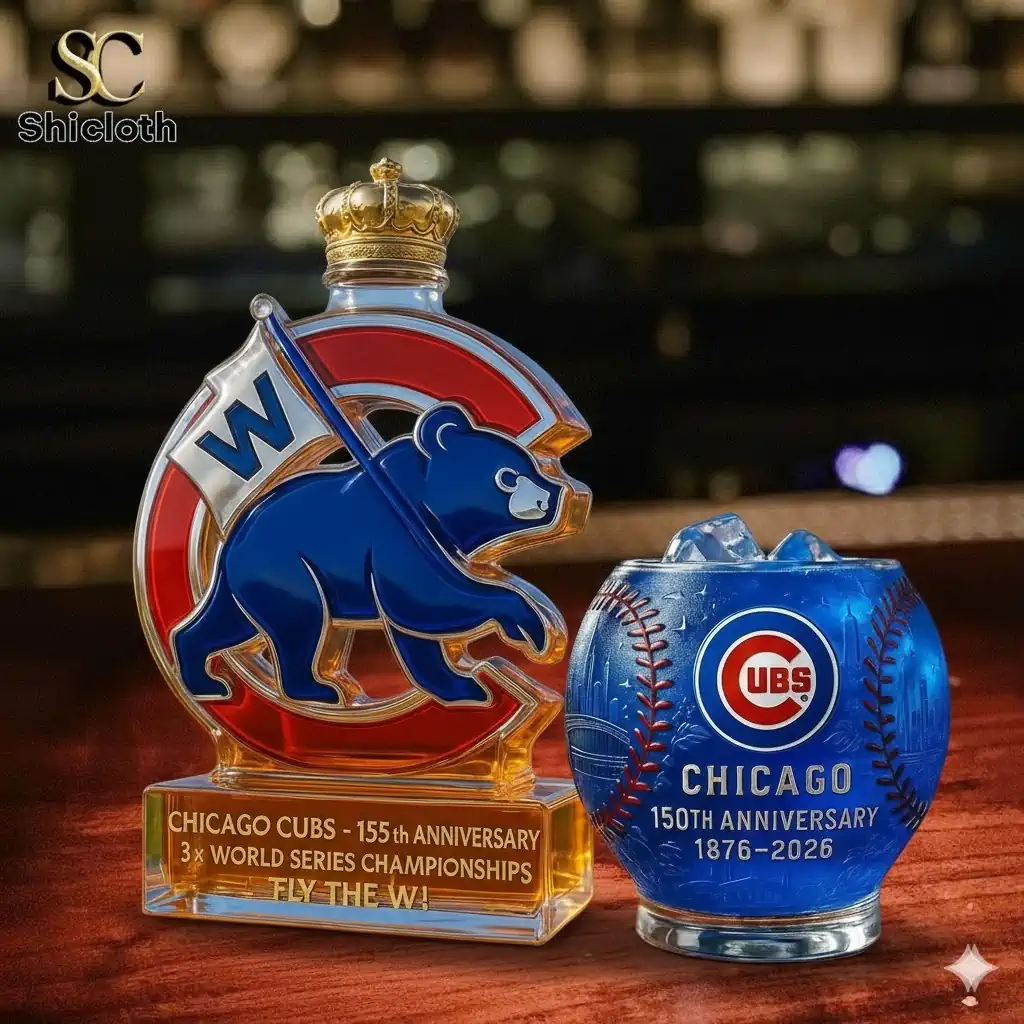 Chicago Cubs anniversary bottle and baseball glass on wooden bar table!