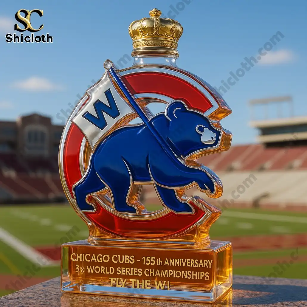 Chicago Cubs anniversary bottle displayed at baseball stadium!