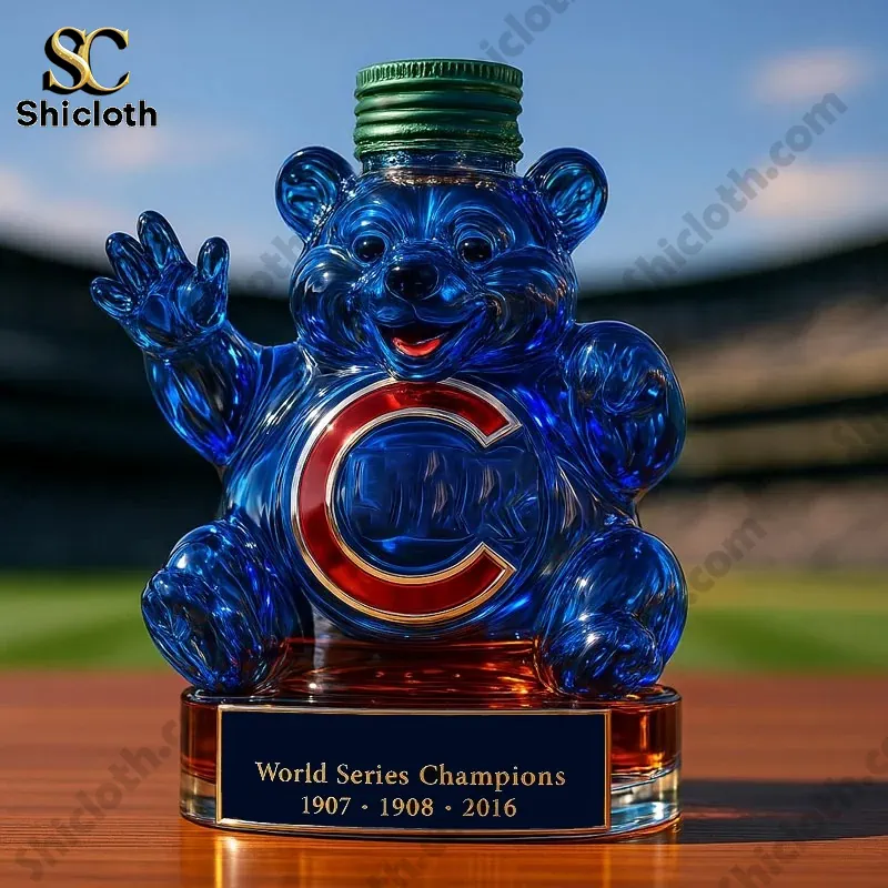 Chicago Cubs Champion Bear Whiskey Bottle 3 Blue bear shaped whiskey bottle with a green cap on a baseball field.