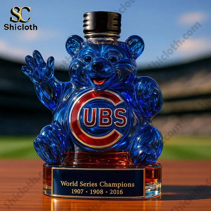 Chicago Cubs Champion Bear Whiskey Bottle 5 Blue bear shaped whiskey bottle with black cap and Cubs lettering on the front.