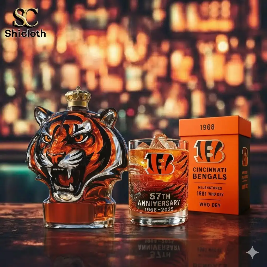 Cincinnati Bengals tiger whiskey bottle and anniversary glass on bar counter by Shicloth!