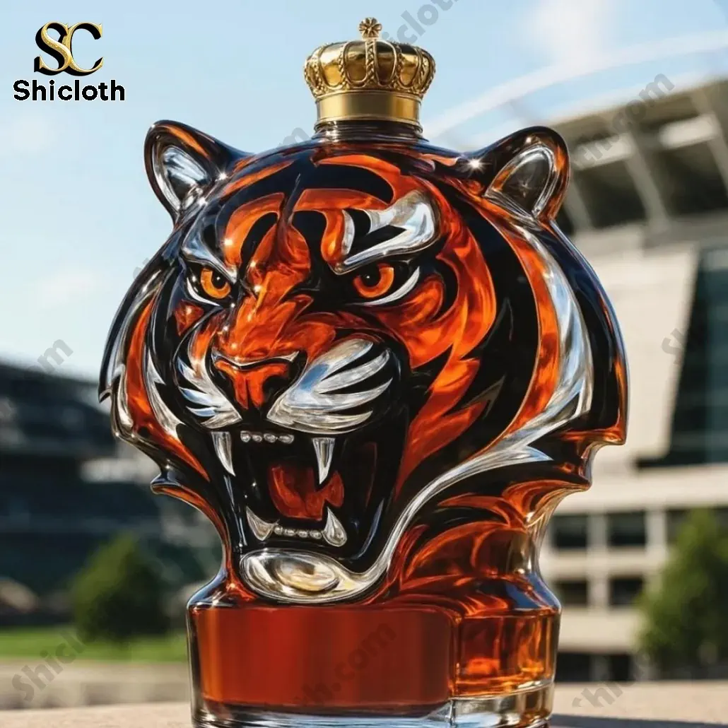 Close up of crowned tiger whiskey bottle inspired by Cincinnati Bengals by Shicloth!