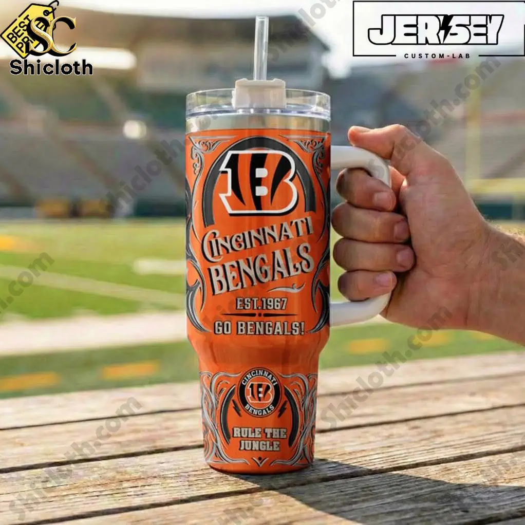 Close up of Cincinnati Bengals Rule The Jungle Special YETI Tumbler held at football stadium!