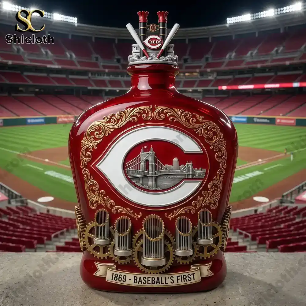 Cincinnati Reds anniversary whiskey bottle displayed in a baseball stadium!