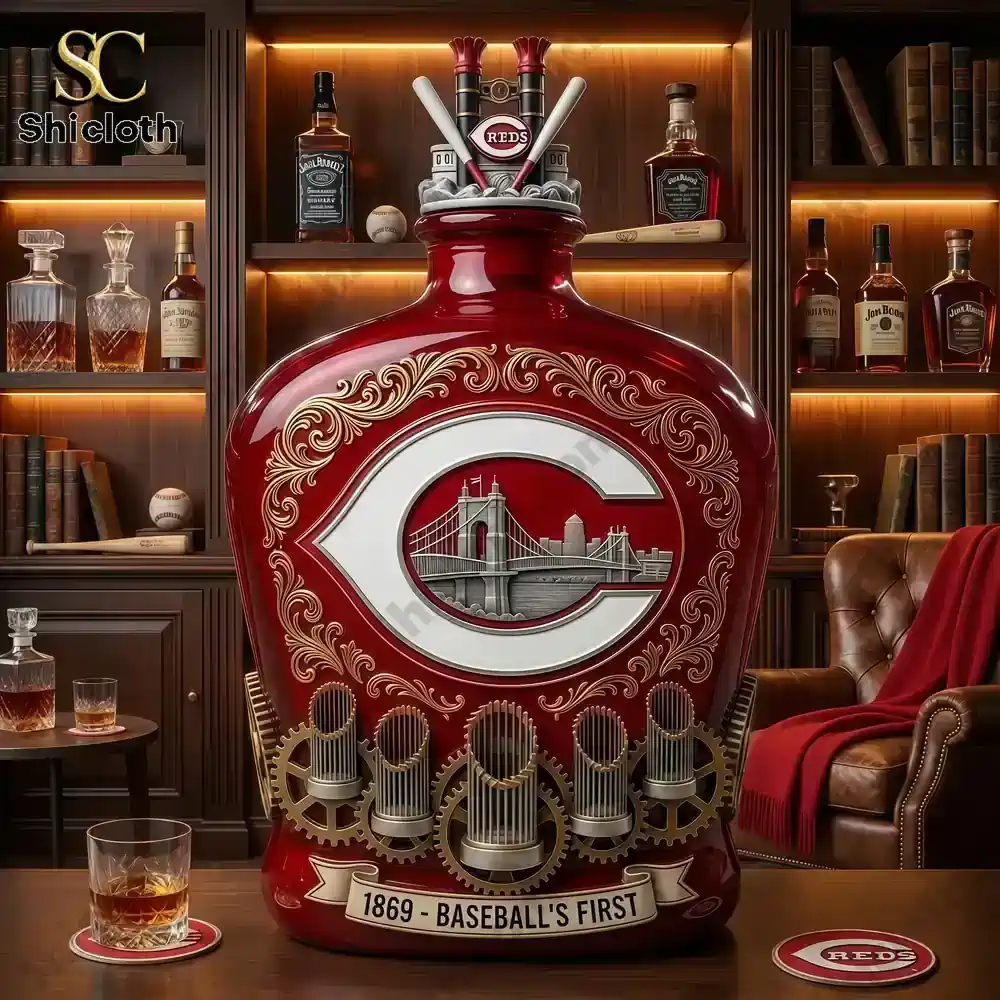 Cincinnati Red 145th Anniversary Whiskey Bottle And Glass Combo Set 3 Cincinnati Reds anniversary whiskey bottle displayed in a luxury home bar room!
