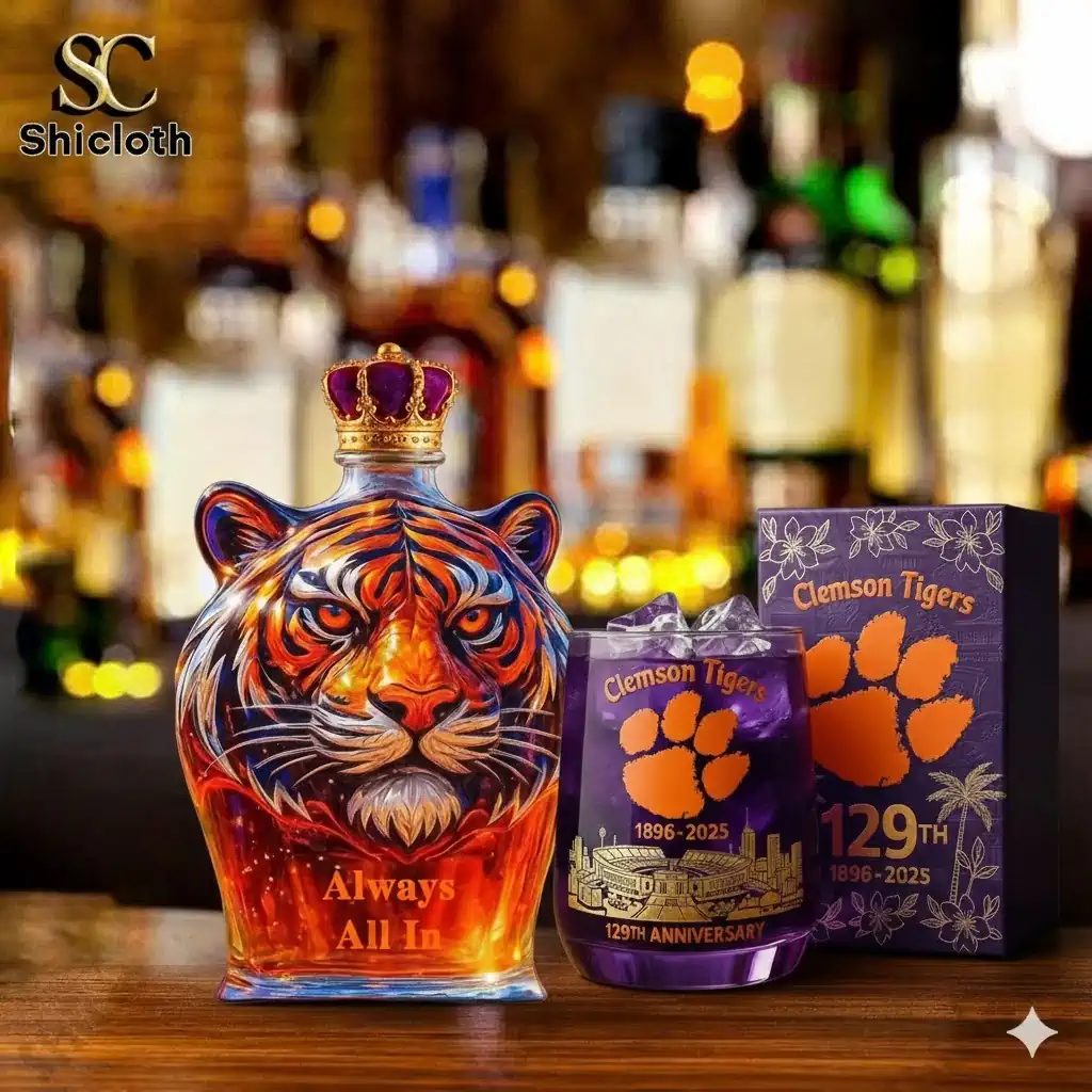 Clemson Tigers tiger whiskey bottle with crown and matching glass beside gift box!