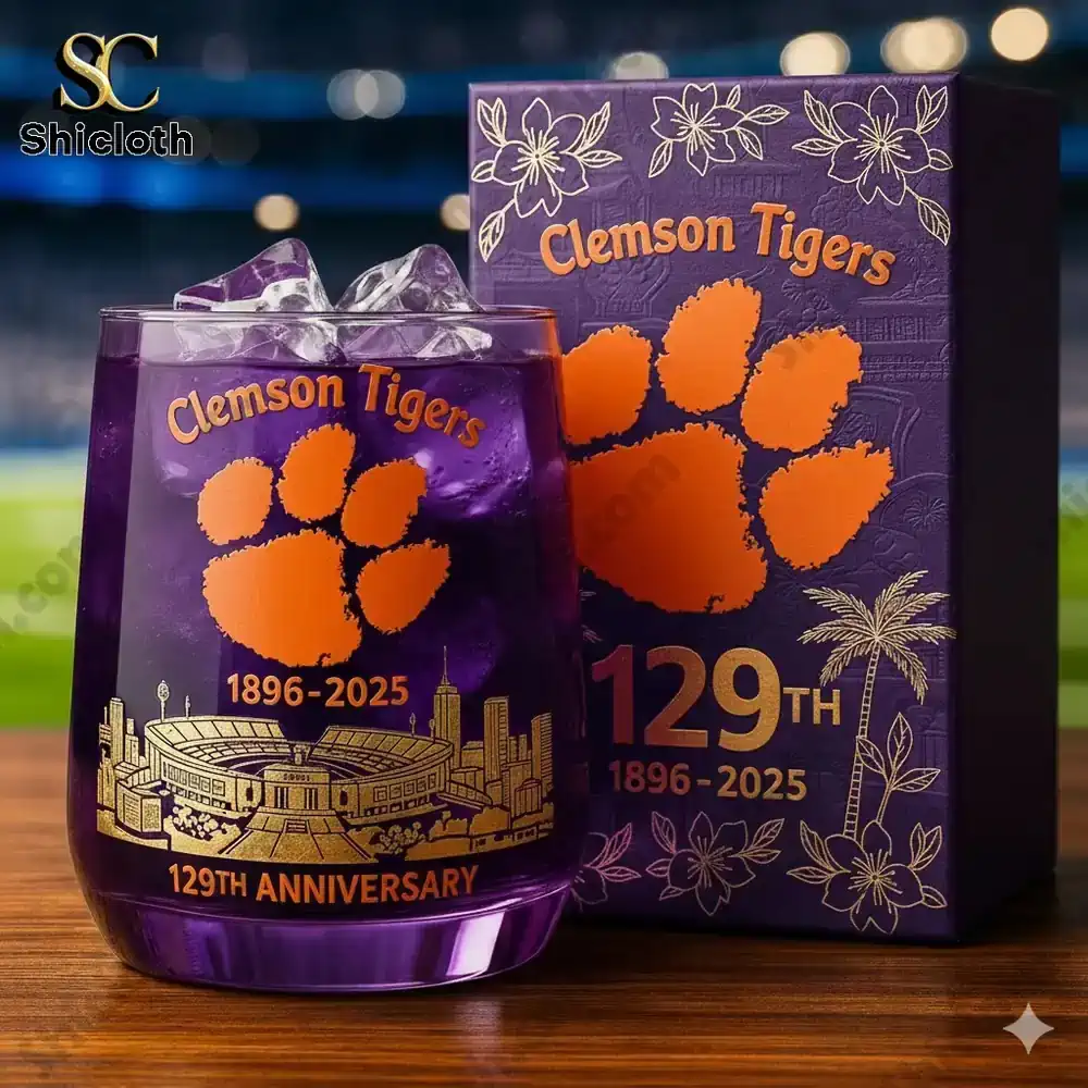 Clemson Tigers Always All In Whiskey Bottle And Glass Combo Set 3 Clemson Tigers purple whiskey glass with gift box on stadium background!