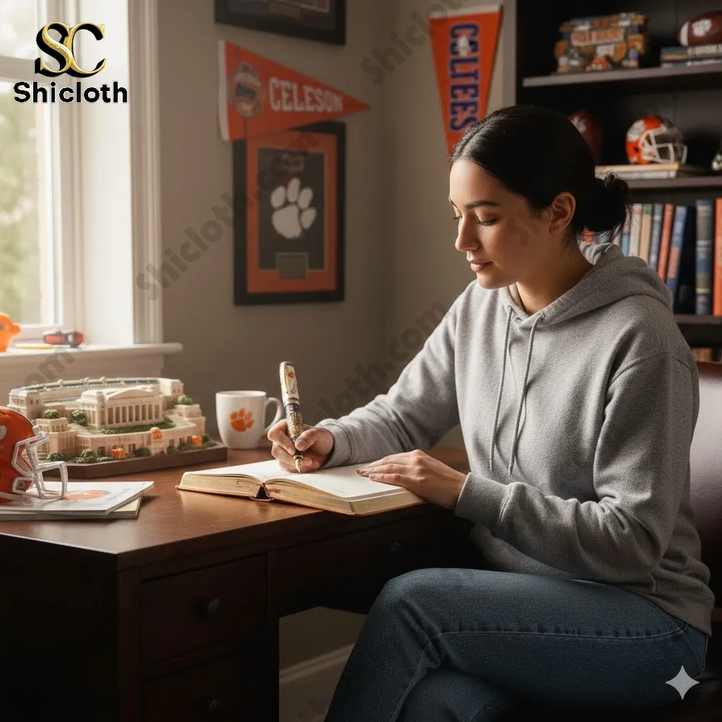 Woman writing in notebook with Clemson Tigers commemorative pen in decorated study room.