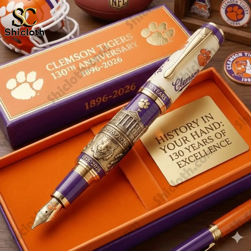 Close up of Clemson Tigers one hundred thirty year anniversary pen in gift box.