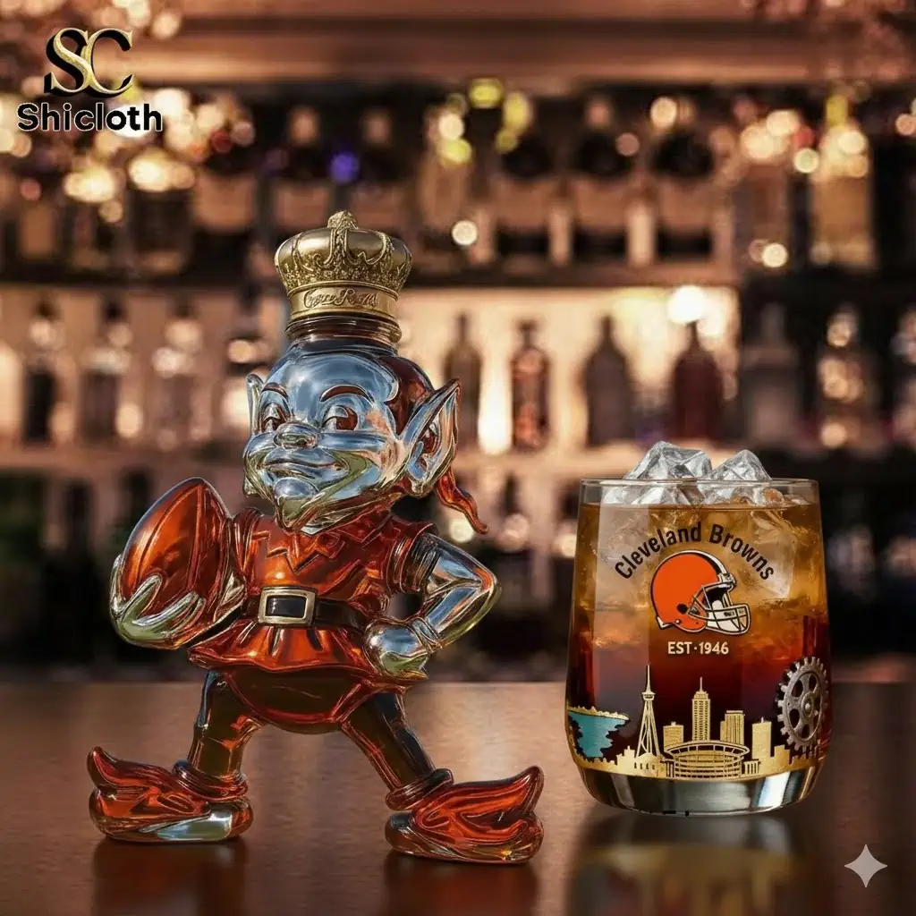 Glass bottle shaped like a crowned football elf standing on a bar counter!