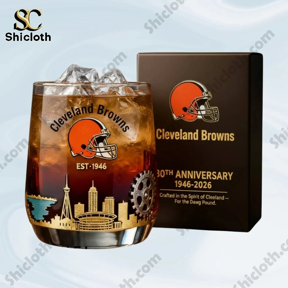 Cleveland Browns Brownie The Elf Whiskey Bottle And Glass Combo Set 3 Whiskey glass with Cleveland Browns logo beside a gift box!