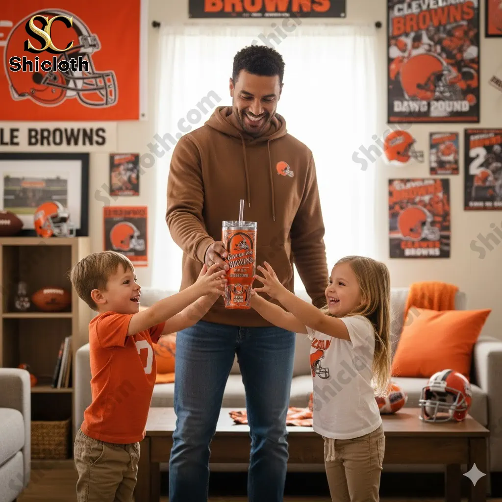 Father and two children holding Cleveland Browns Dawg Pound tumbler in team themed living room!