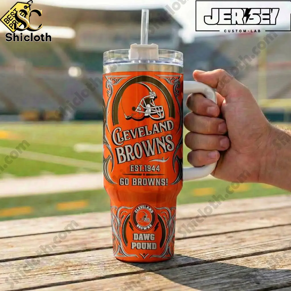 Close up of Cleveland Browns Dawg Pound Special YETI Tumbler held at stadium!