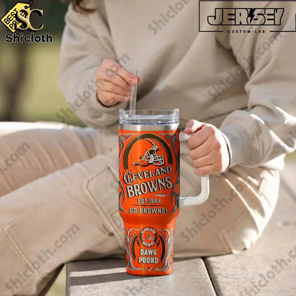 Cleveland Browns Dawg Pound Special YETI Tumbler 3 Person using Cleveland Browns Dawg Pound Special YETI Tumbler outdoors!