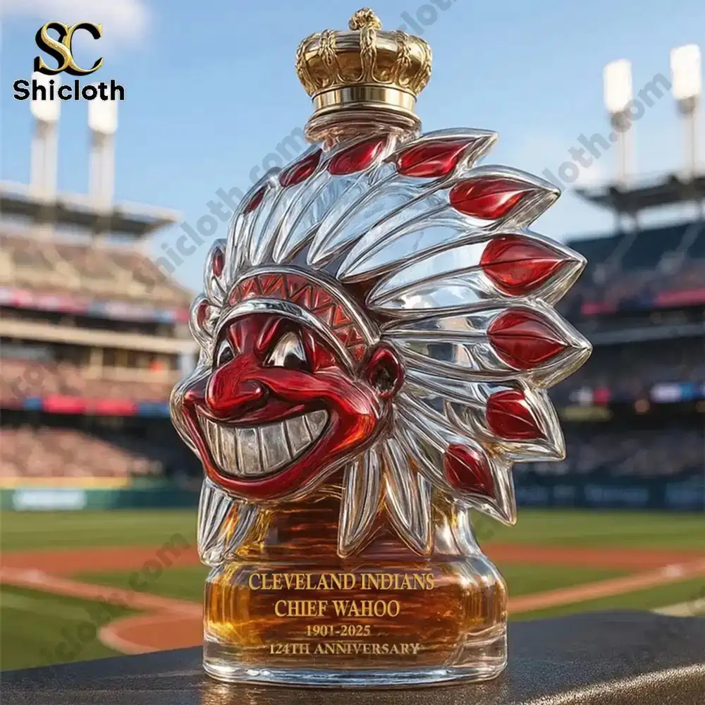 Shicloth Chief Wahoo Cleveland Indians glass bottle with crown design!