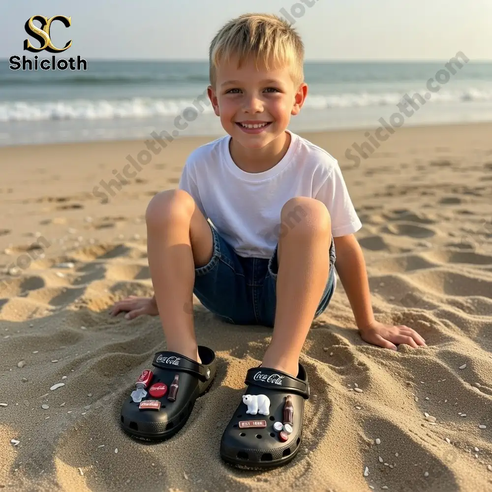 Boy sitting on beach wearing black Coca Cola Crocs clogs!