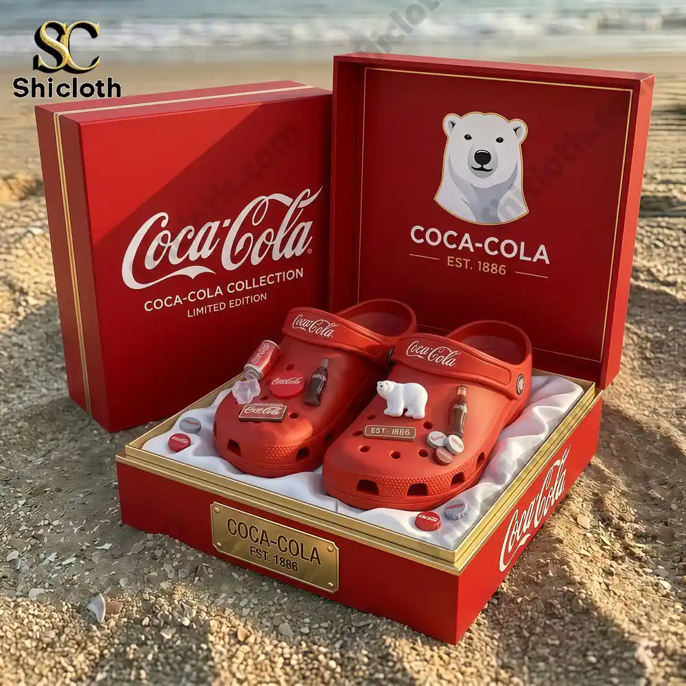 Red Coca Cola Crocs clogs limited edition in premium gift box on beach!