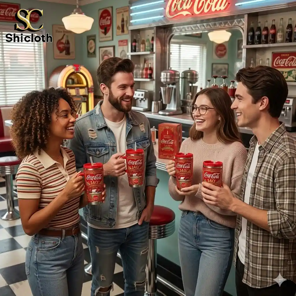 Group of friends holding Coca Cola 140th Anniversary tumbler in retro diner