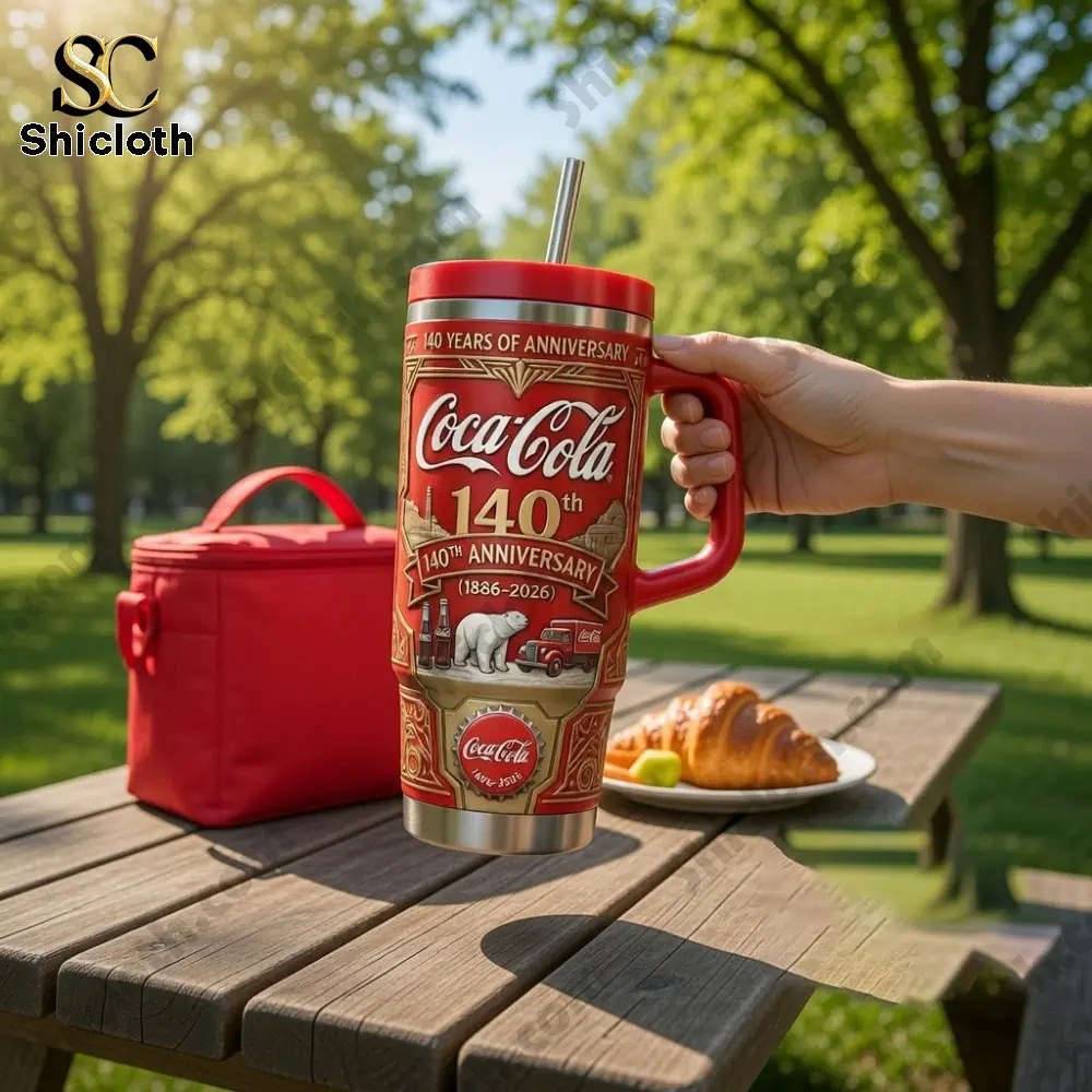 Coca Cola 140th Anniversary tumbler on picnic table in sunny park